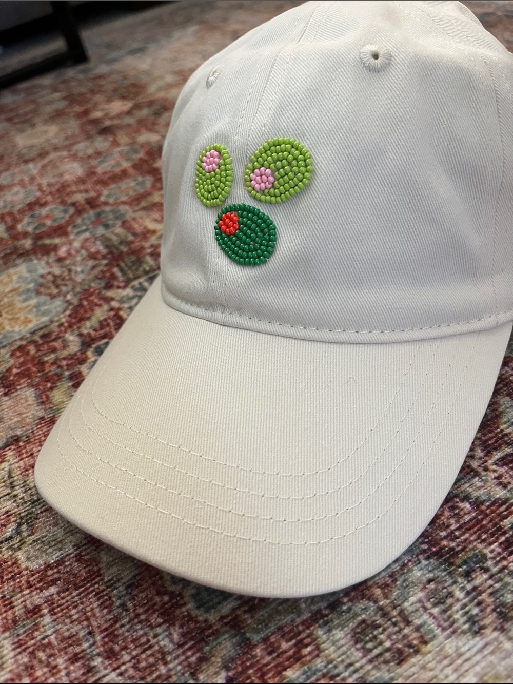 Nordstrom Cream Baseball Cap with Green and Pink Beaded Embellishment Olives - Picture 6 of 8